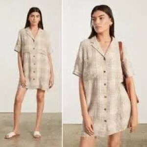 Everlane The Linen Workwear Shirt Dress in Coffee Grid